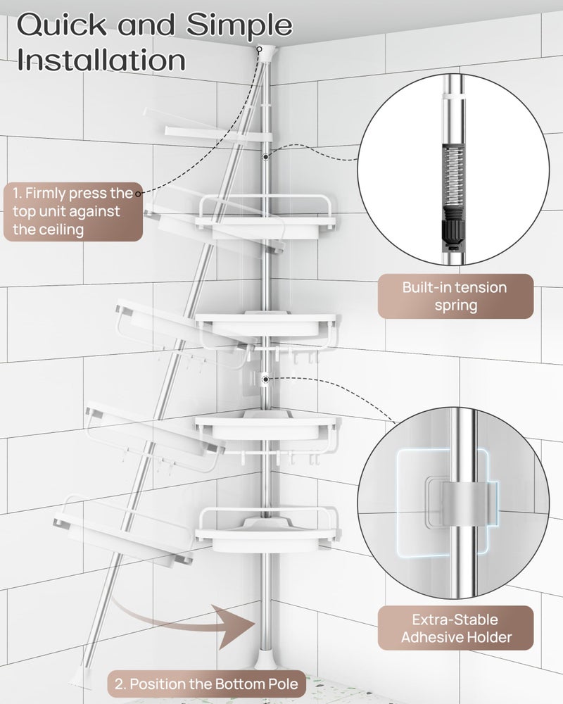 ALLZONE Rustproof Shower Caddy Corner for Bathroom, Tension Corner Shower Caddy Tension Pole, Solid Shower Organizer with 4 Adjustable Shower Shelves, Shower Rack Fit Heights 34 to 116 Inches,White - Image 3